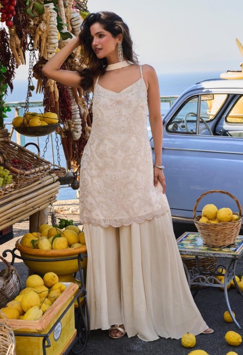 Ivory Pearl Embroidered Palazzo Set